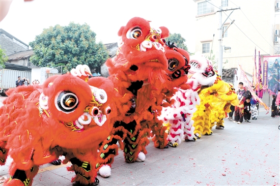 巡游途中，醒獅隊(duì)帶來活靈活現(xiàn)的舞獅表演。