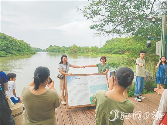 游客紛紛與“鳥的天堂”合影。