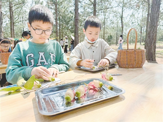 孩子們在臺山市紅嶺種子園動手拼貼植物畫作。