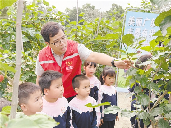 志愿講師帶領孩子們辨識果實的生長形態(tài)與品類差異。